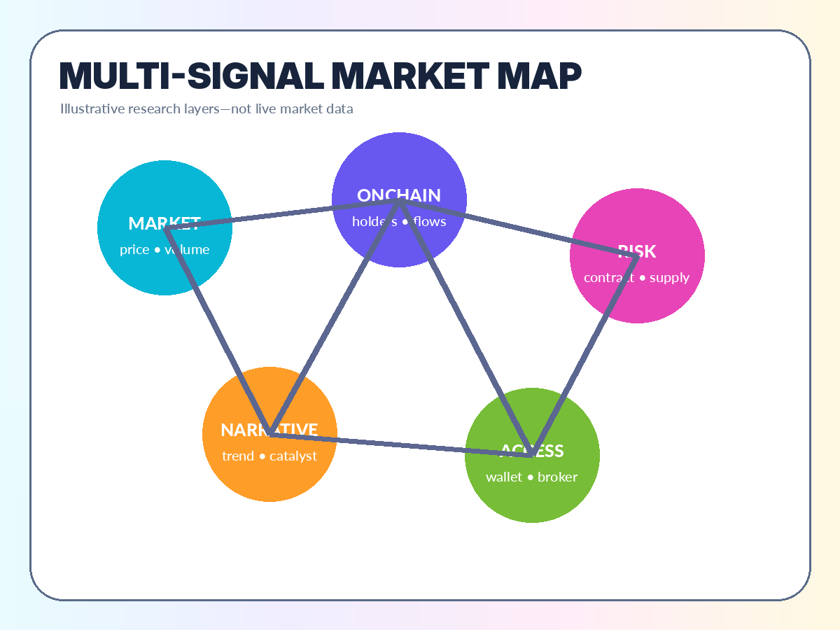 Illustrative altcoin scanner market map connecting market, onchain, risk, narrative, and access layers